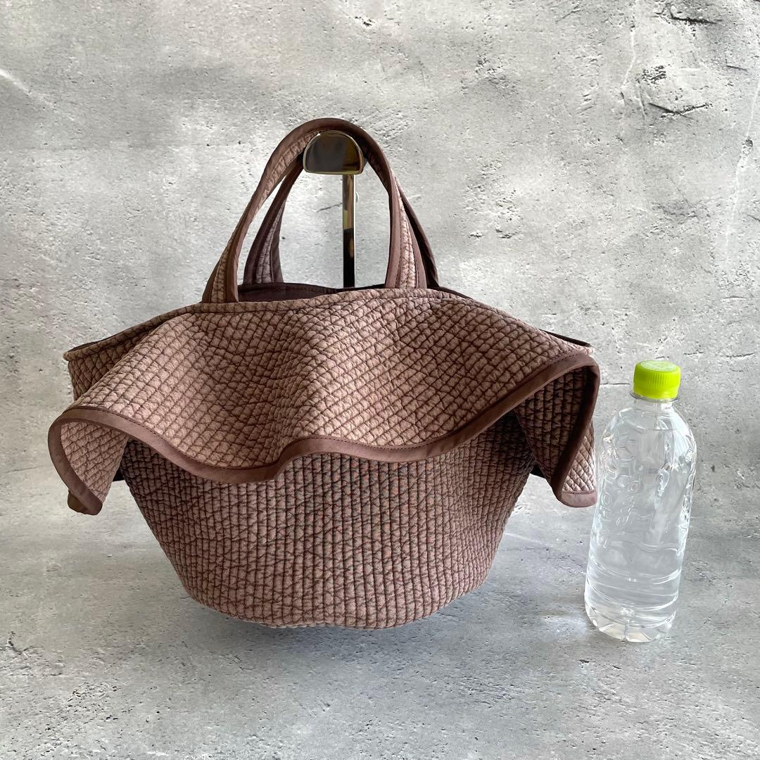 フリル付き丸底マルシェバッグ　ヌビバッグ　ブラウン　ハンドメイド