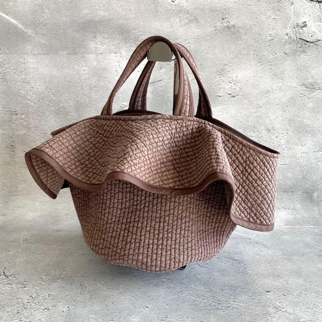 フリル付き丸底マルシェバッグ　ヌビバッグ　ブラウン　ハンドメイド