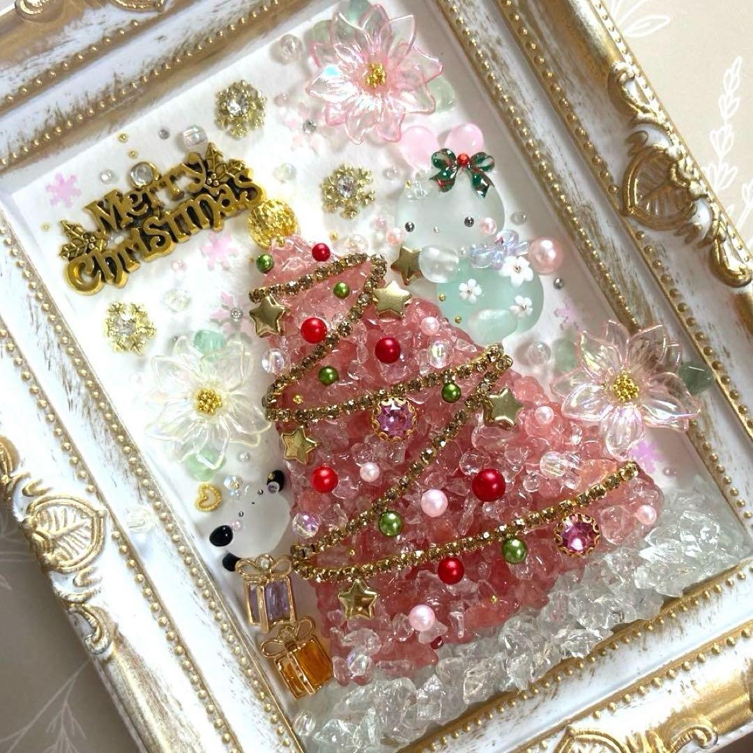 ♡ポインセチア降る夜のピンクツリー♡ガラス シーグラスアート クリスマス うさぎ