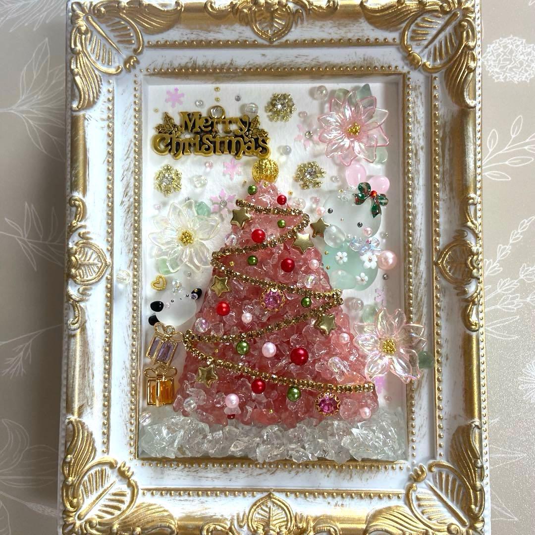 ♡ポインセチア降る夜のピンクツリー♡ガラス シーグラスアート クリスマス うさぎ