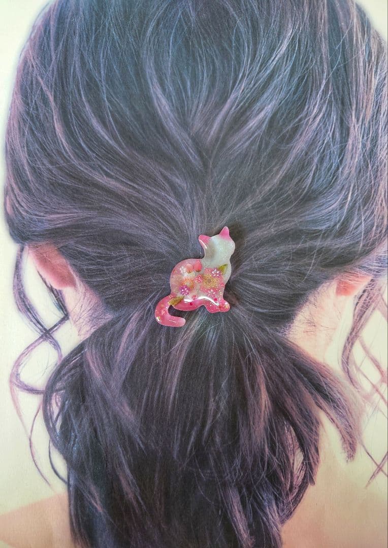レジン　猫　ヘアゴム　ブローチ　ポニーフック　No.634