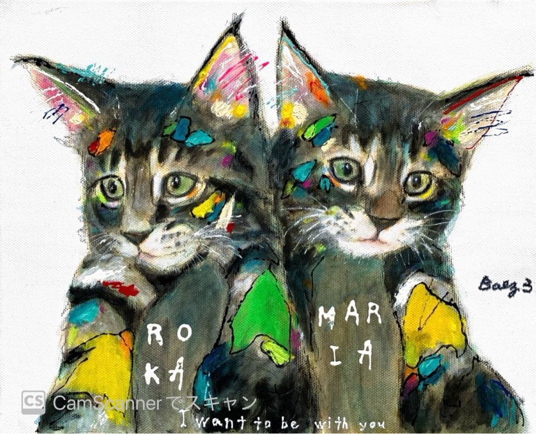 R　 アクリル・ガッシュ絵画　猫　BAEZ3