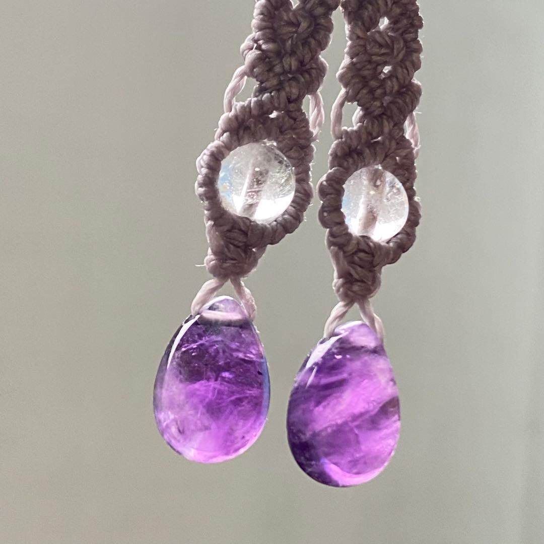 華奢☆マクラメ編みイヤリング◇1495◇多面カット雫型アメジスト☆トパーズ