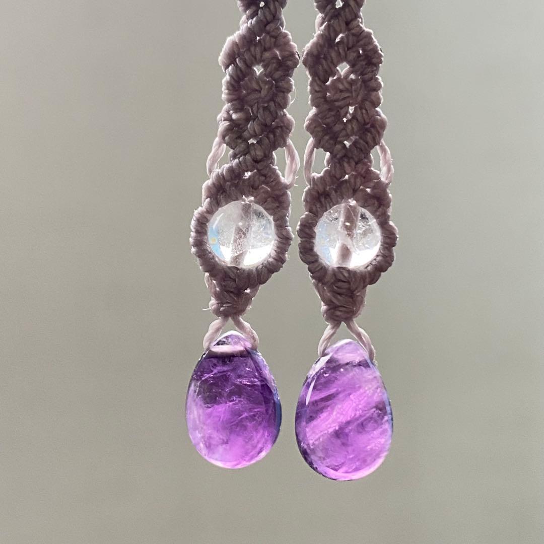 華奢☆マクラメ編みイヤリング◇1495◇多面カット雫型アメジスト☆トパーズ