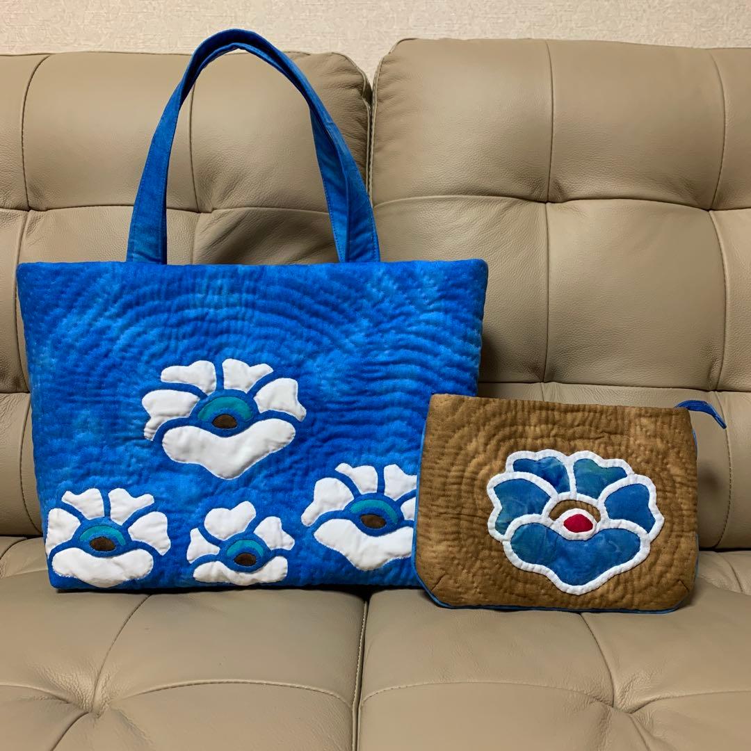 ハワイアンキルト バッグ & ポーチ セット ポピー ブルー