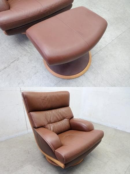 美品■カリモク■ZT59■本革■1人掛けソファ■回転式■オットマン付き■