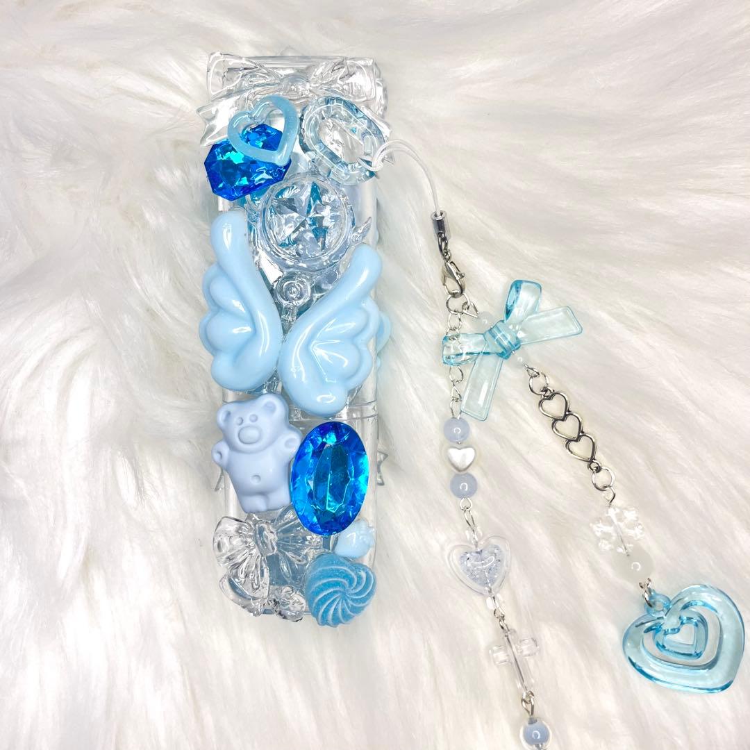 IQOSケースデコ　イルマデコ　水色　透明　ウルウル　天使界隈　チェーン付き