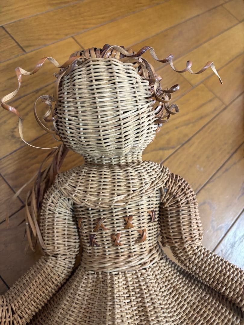 昭和レトロ　ラタン　籐製手作りポニーテールの女の子人形　高さ46cm
