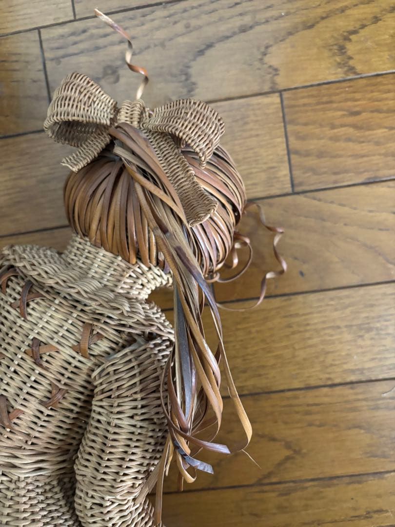 昭和レトロ　ラタン　籐製手作りポニーテールの女の子人形　高さ46cm