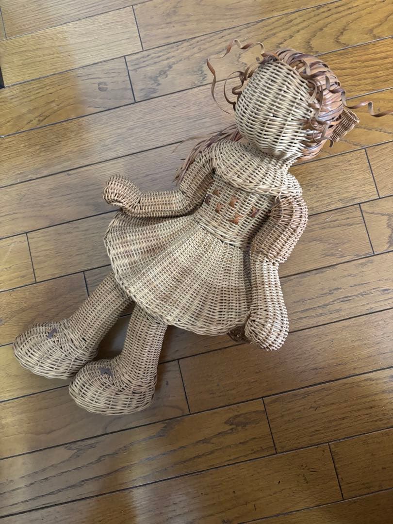 昭和レトロ　ラタン　籐製手作りポニーテールの女の子人形　高さ46cm