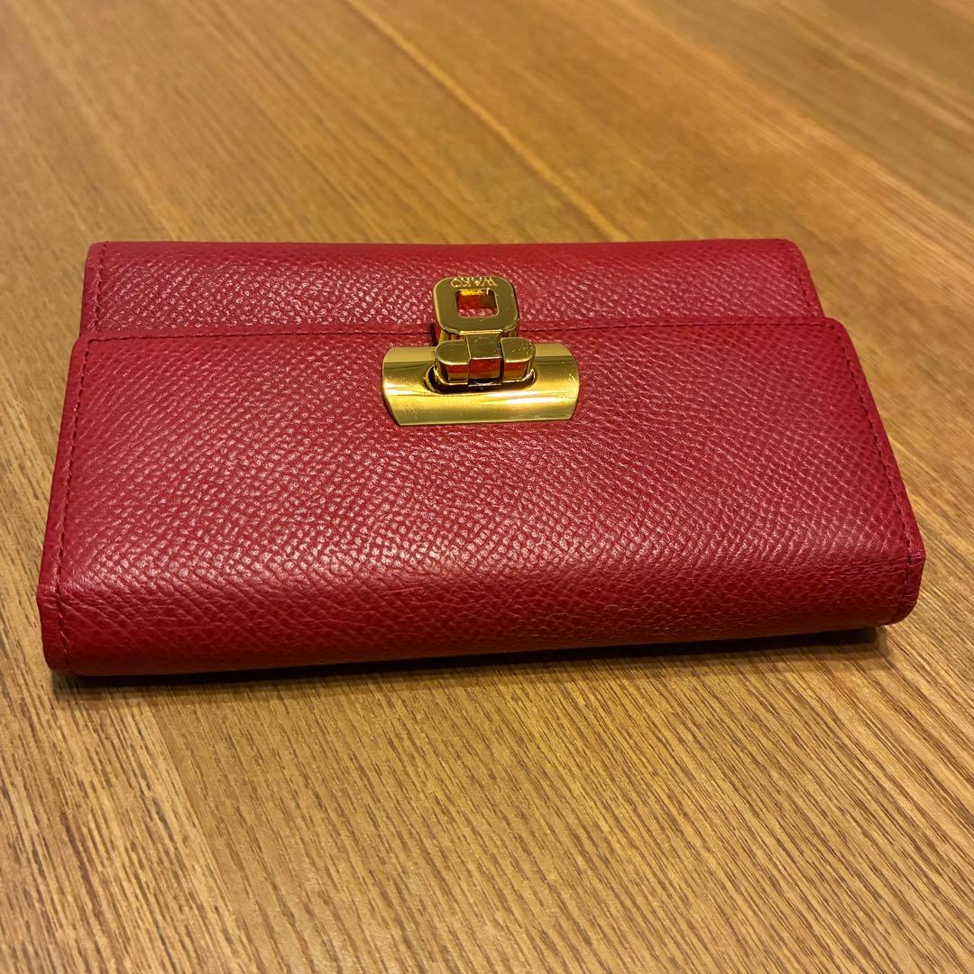 銀座WAKO 携帯用アクセサリーケース 本革 レッド系 ゴールド金具ターンロック