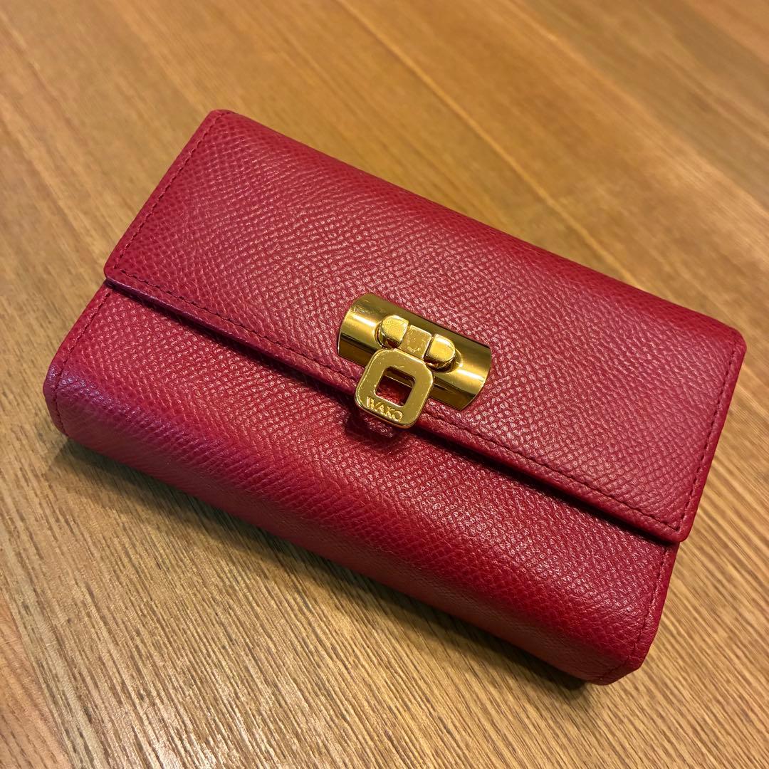 銀座WAKO 携帯用アクセサリーケース 本革 レッド系 ゴールド金具ターンロック
