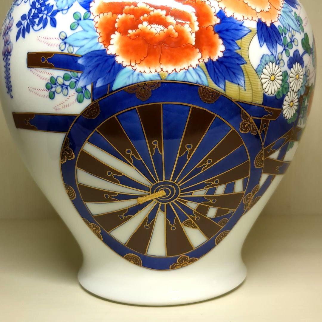 香蘭社　染錦　花車文　花瓶　壺　高さ約２５センチ