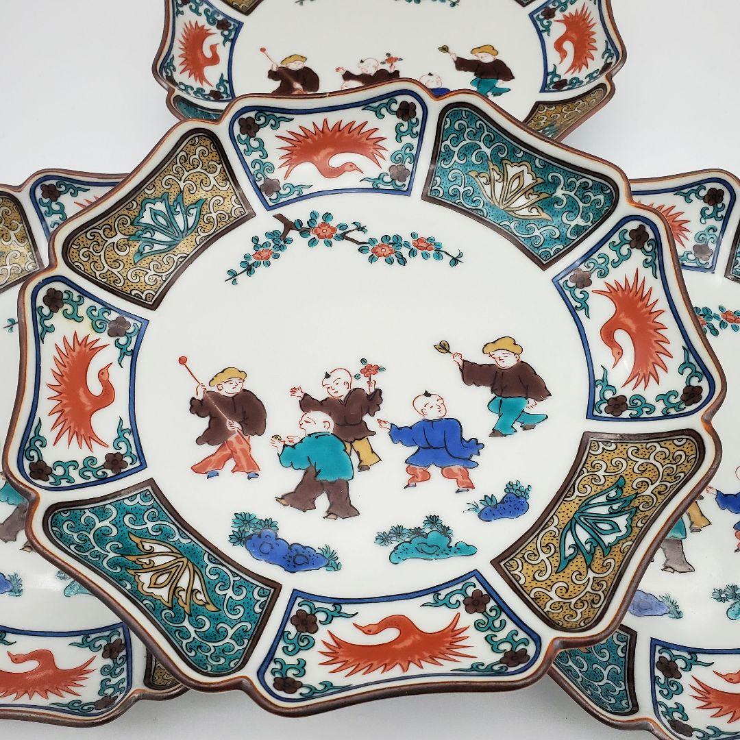九谷焼　銘々皿　青郊窯　五彩色彩絵　唐子　遊童図　中皿揃　6号　銘々皿　19cm