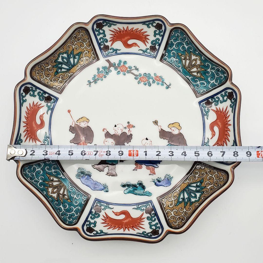 九谷焼　銘々皿　青郊窯　五彩色彩絵　唐子　遊童図　中皿揃　6号　銘々皿　19cm