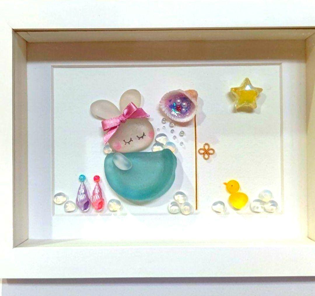 うさちゃんのバスタイム♡シーグラスアート♡ミルキークォーツ♡天然石アート