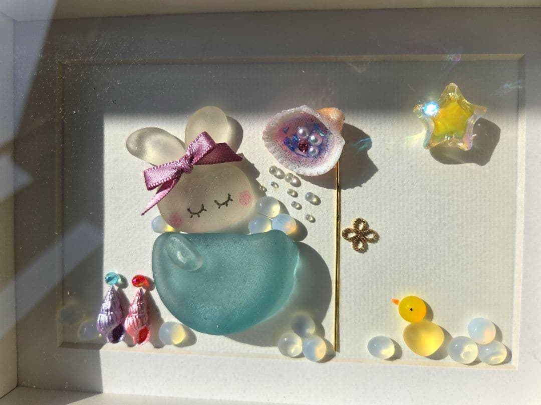 うさちゃんのバスタイム♡シーグラスアート♡ミルキークォーツ♡天然石アート