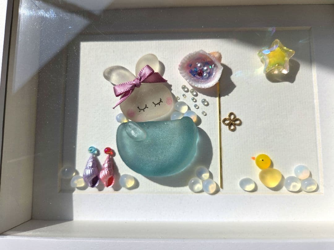 うさちゃんのバスタイム♡シーグラスアート♡ミルキークォーツ♡天然石アート