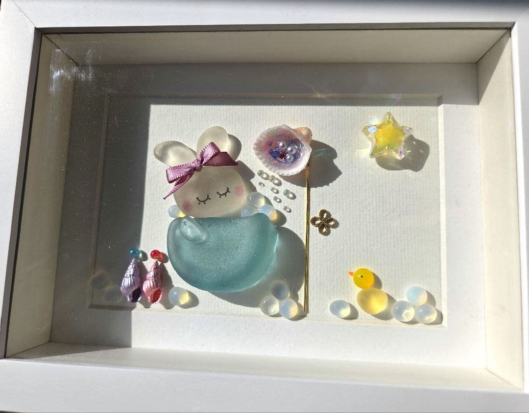 うさちゃんのバスタイム♡シーグラスアート♡ミルキークォーツ♡天然石アート