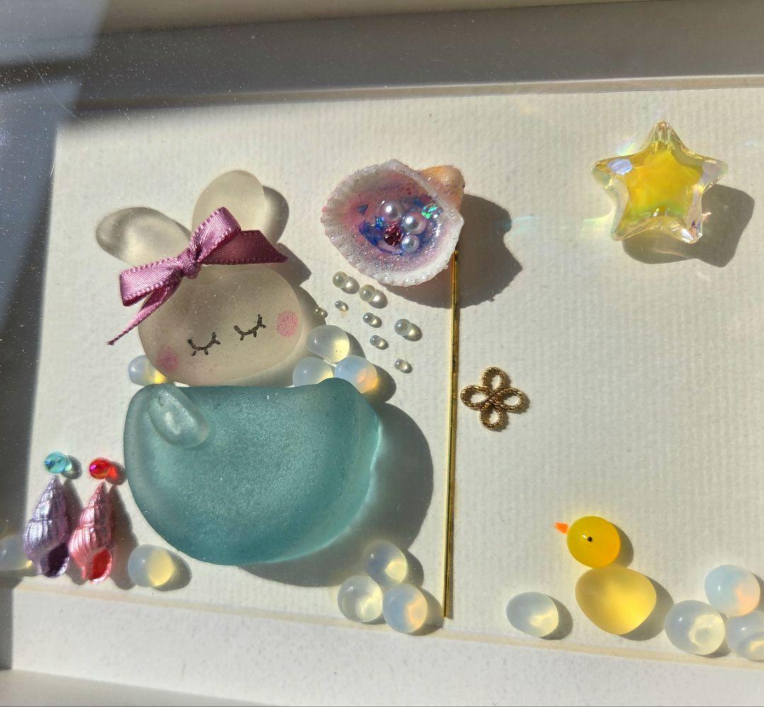 うさちゃんのバスタイム♡シーグラスアート♡ミルキークォーツ♡天然石アート