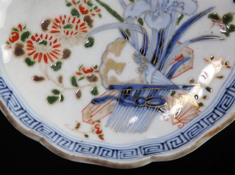 古伊万里　染錦　菖蒲に菊の図　４寸皿　４客　D870AS-BXo