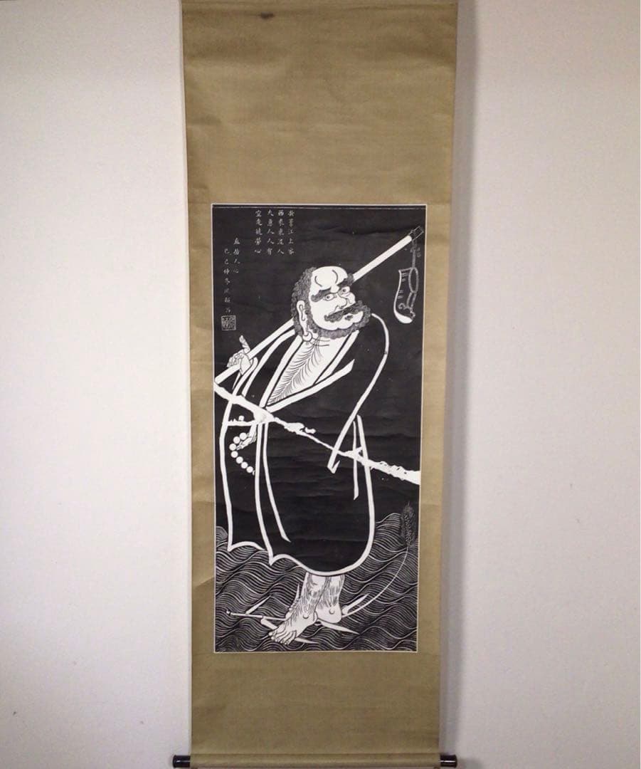 No3549掛軸　中国美術　拓本　達磨渡江図　合箱/畳箱付  仏教美術　送料無料