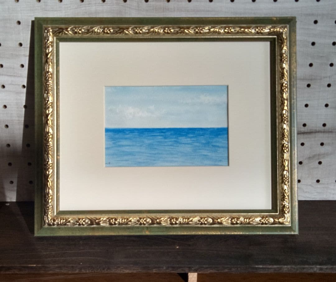 静かな海　原画　ガラス額つき　ポストカードサイズ　青い海　水彩　アクリル