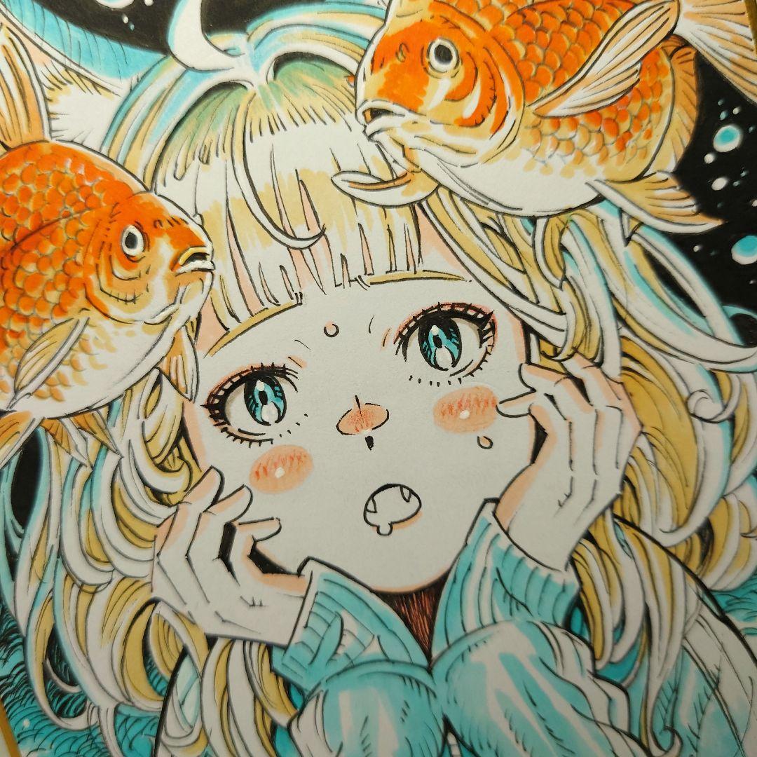 【手描きイラスト 052】オリジナル色紙 コピック猫アート「金魚と空腹猫の葛藤」