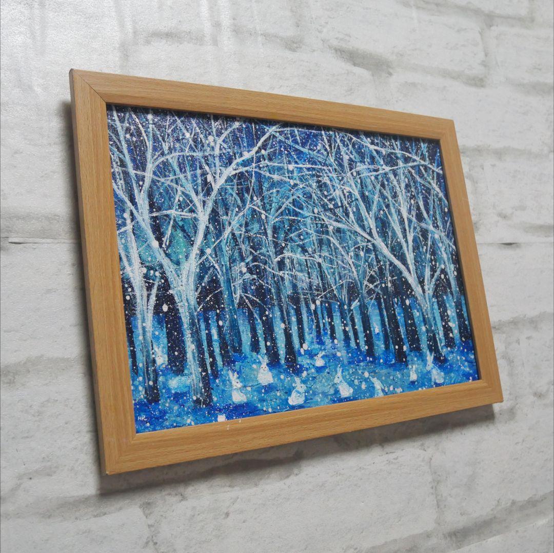 油絵 油彩 油彩画 絵 絵画　【冬の林の兎】
