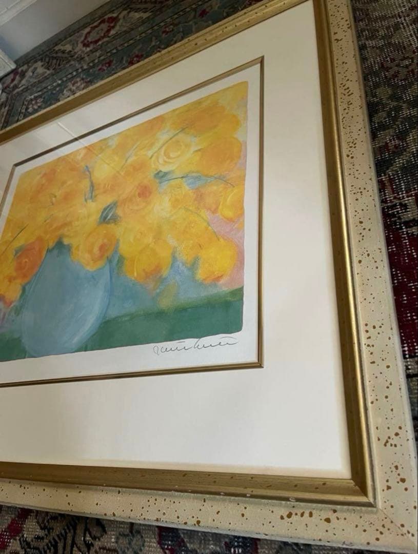 額入りリトグラフ　版画　サイン・エディションあり　インテリアアート　黄色　花の絵