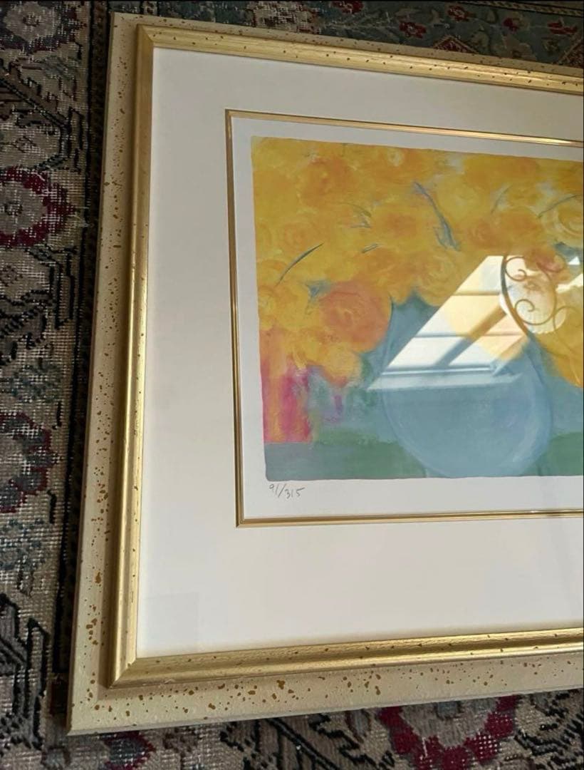 額入りリトグラフ　版画　サイン・エディションあり　インテリアアート　黄色　花の絵