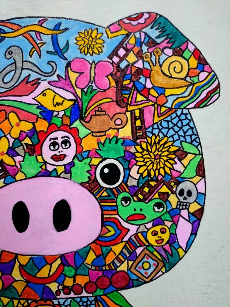 【F6号】ジミー大西【Pig】手描き作品/表裏サイン/油彩/アクリル/絵画/額縁