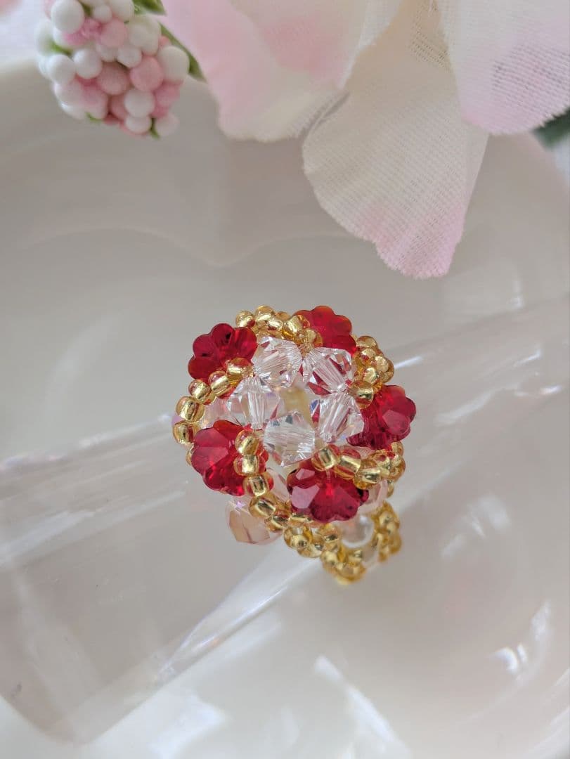 スワロフスキー　ビーズネックレス　ローズサテン　ハンドメイド