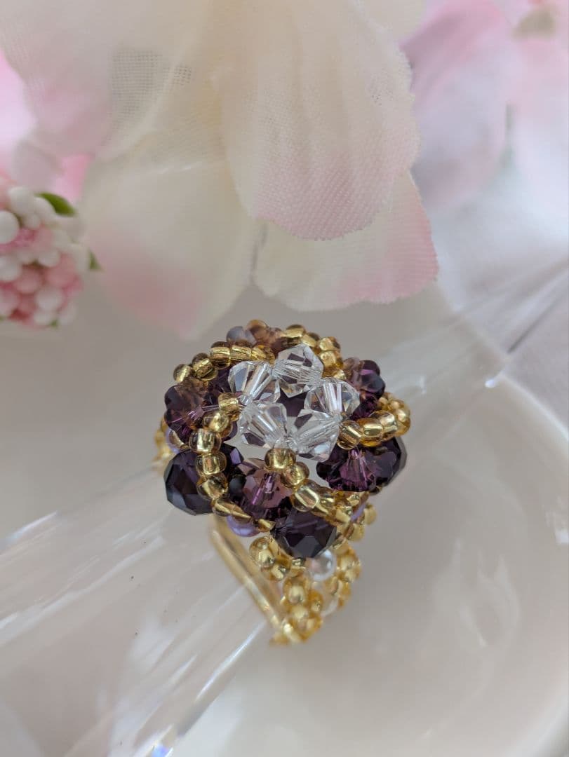 スワロフスキー　ビーズネックレス　ローズサテン　ハンドメイド