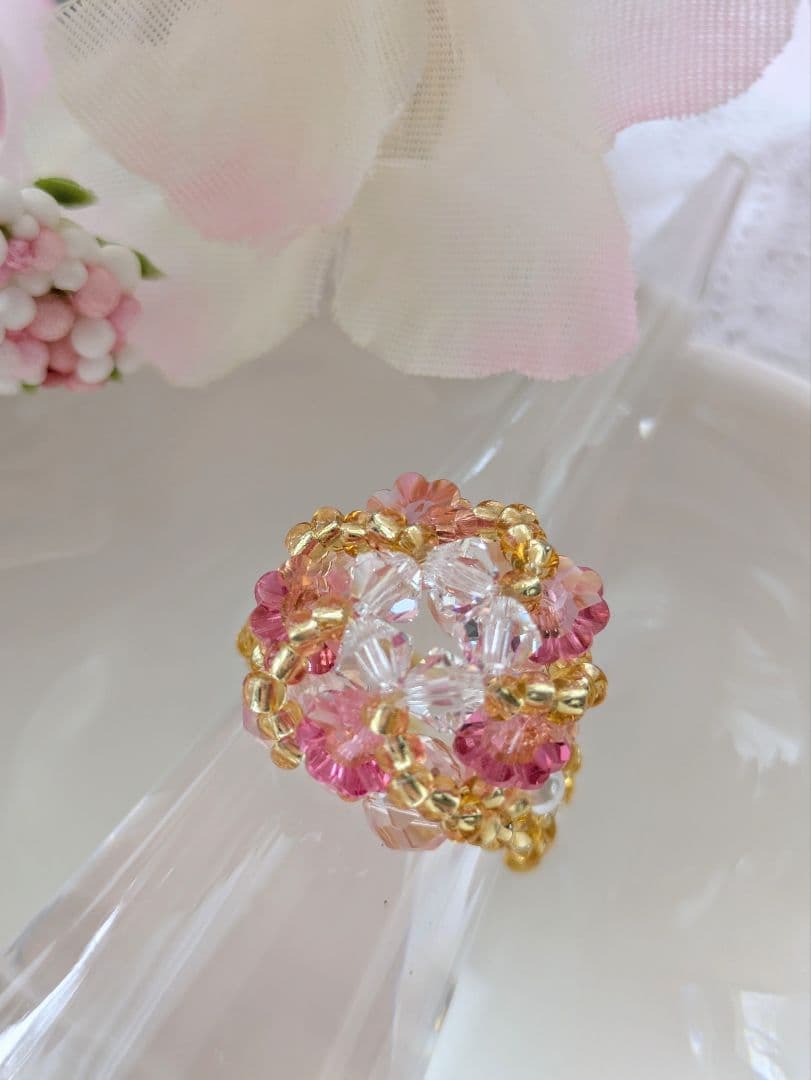 スワロフスキー　ビーズネックレス　ローズサテン　ハンドメイド