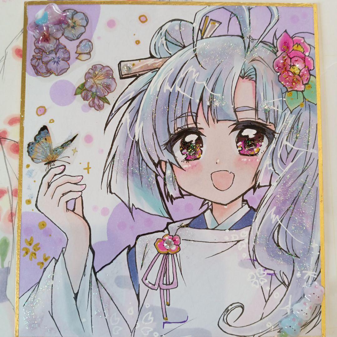 j*n様 手描きイラスト色紙・創作 オリジナル着物 女の子和風美少女平安コピック