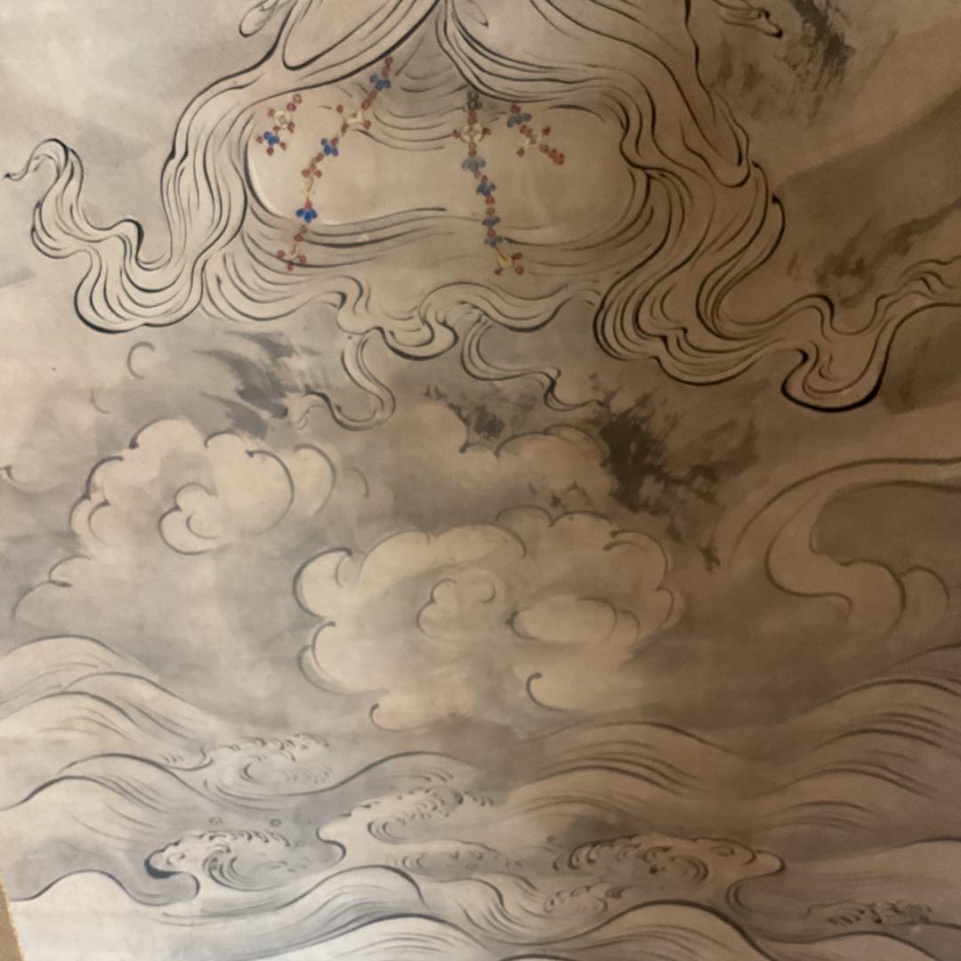 宏斎画肉筆画 紙本掛軸 【 雲上観音図 】 軸先仏具軸 良品桐箱付