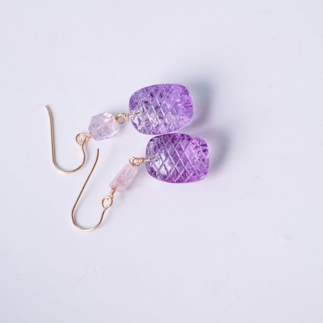 14kgfアメジストフラワーカービングピアス/イヤリング