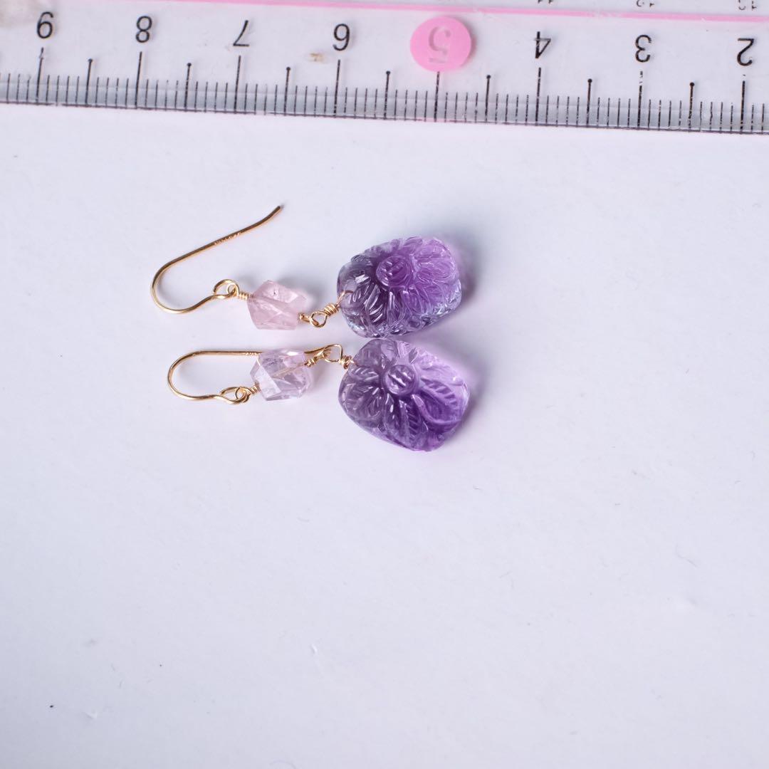 14kgfアメジストフラワーカービングピアス/イヤリング