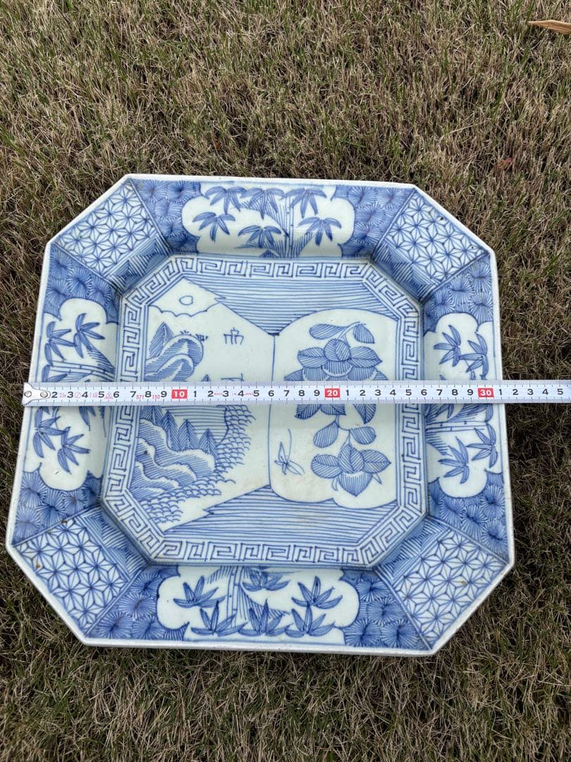 【江戸後期〜明治初期 伊万里焼 染付八角大皿】山水文様 古伊万里 骨董 古道具