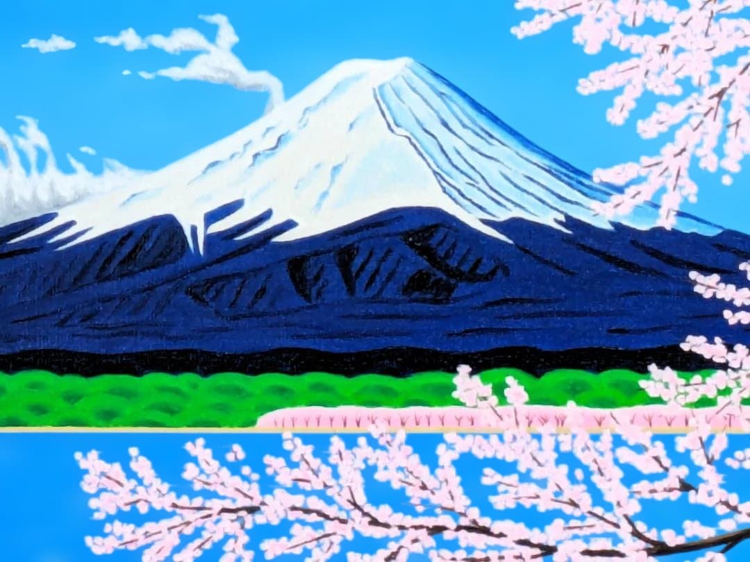 ★富士山と満開の桜・肉筆油彩画・F6キャンバス