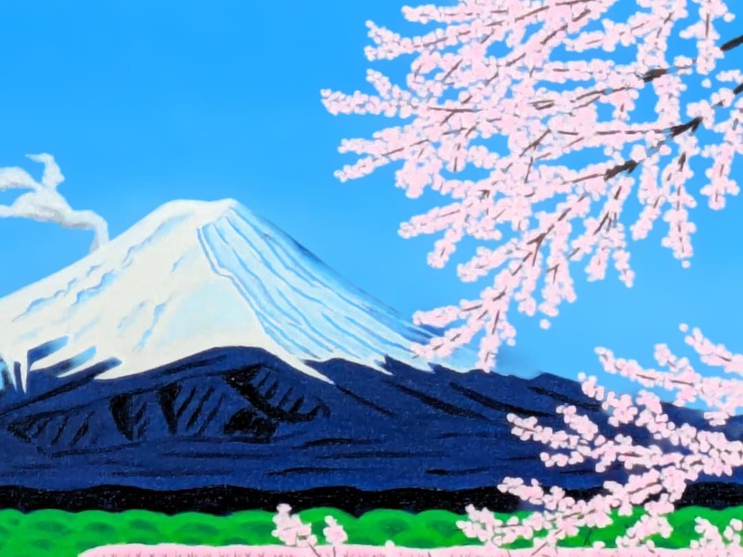 ★富士山と満開の桜・肉筆油彩画・F6キャンバス