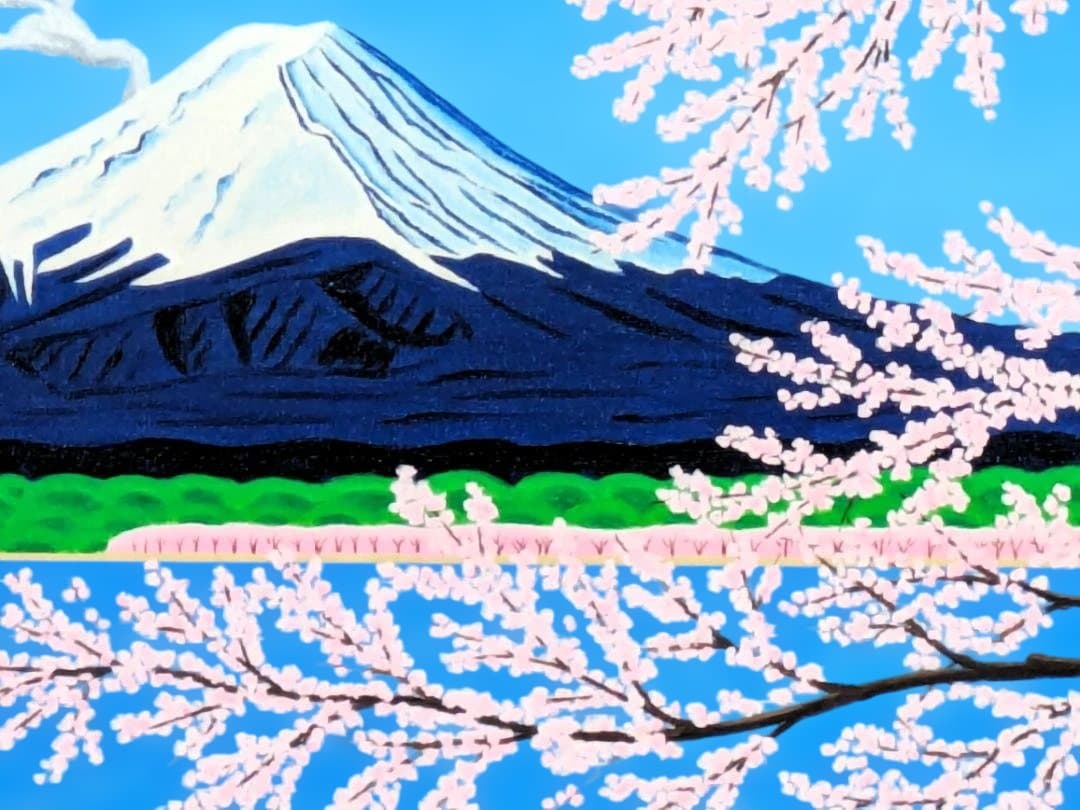★富士山と満開の桜・肉筆油彩画・F6キャンバス