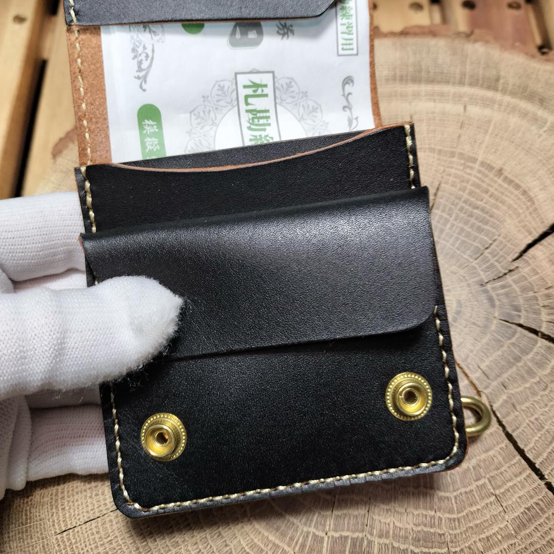 栃木レザー　茶芯黒　縦型スリムトラッカーウォレット　ハンドメイド