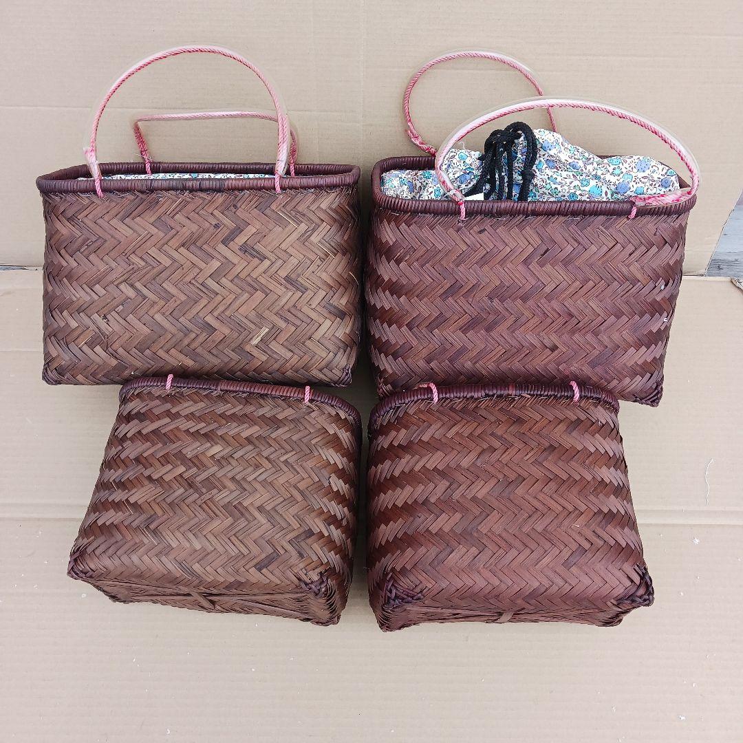 新品　竹籠バッグ　かごバッグ　バッグ　一閑張り　巾着　4個32x18・25x15