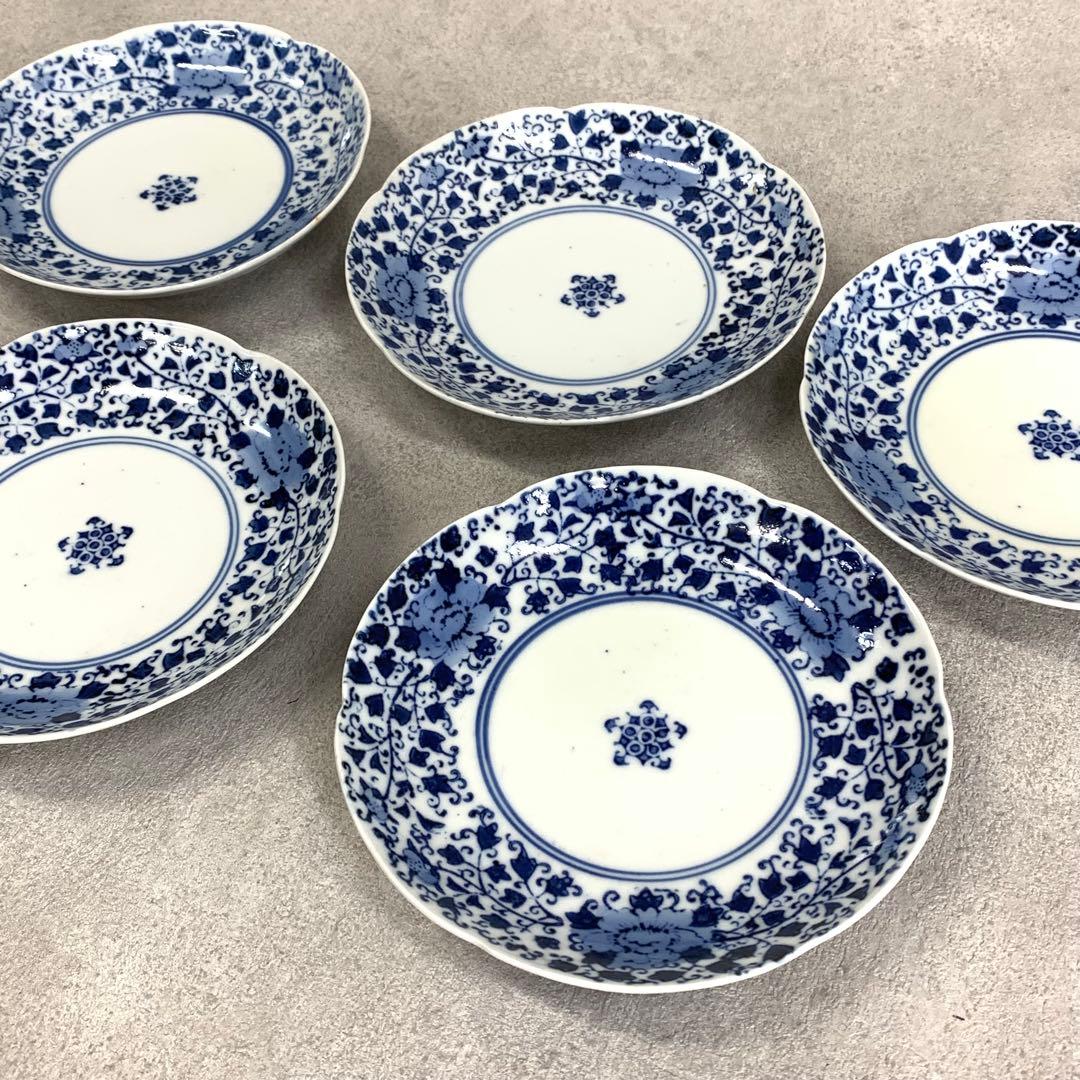中皿 5点 直径15.3cm 花唐草 染付 藍色 青 古皿 伊万里 有田 ⑨