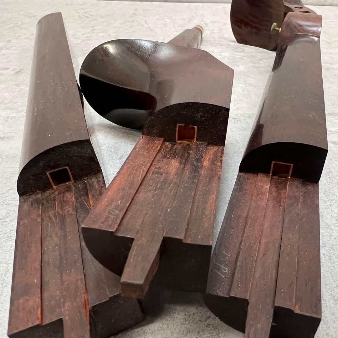 中棹地唄三味線　子持ち綾杉胴　紅木　三つ折　金細　正寸　二枚溝　ジャンク　現状品