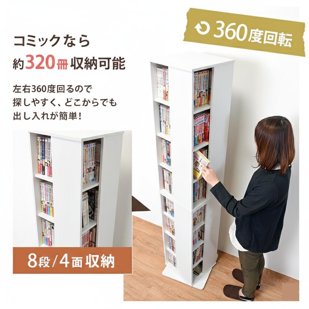 回転式本棚【新品】8段 大容量 320冊収納 コミックラック 白アウトレット