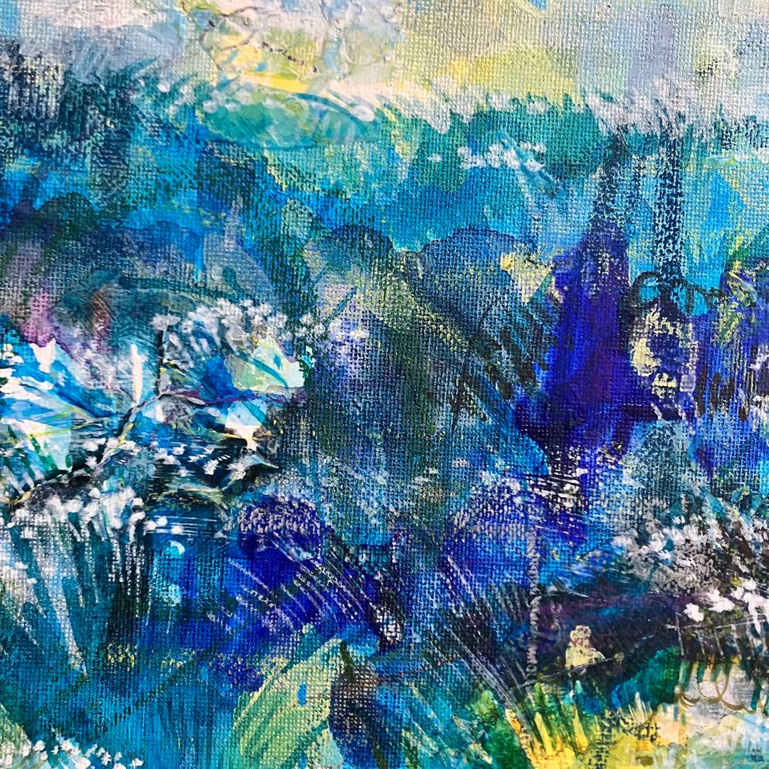 青い風景＊絵画　原画　抽象画　風景画　テクスチャーアート　冬　植物　花