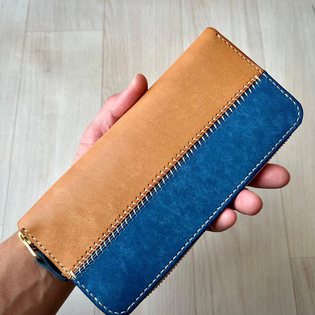 本革 長財布 ライトキャメル×コバルト イタリアンレザー 手縫い